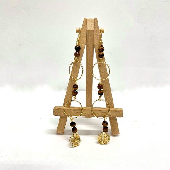 HANDMADE Shoulder Duster Statement Tiger’s Eye Bead Earrings - Picture 9 of 10